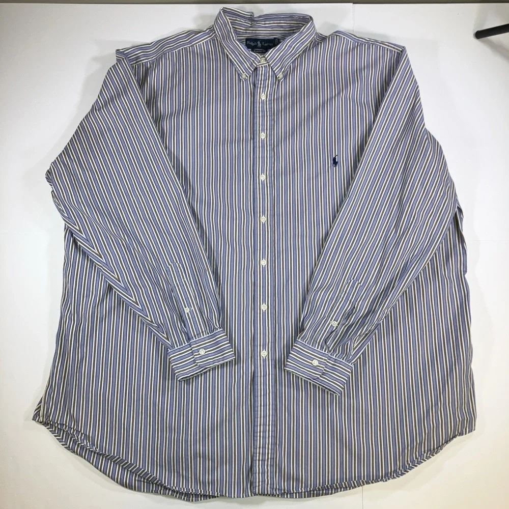 Polo Ralph Lauren Shirt Mens 3XLT‎ Tall Blue Yellow Stripe Button Down *Flaws
